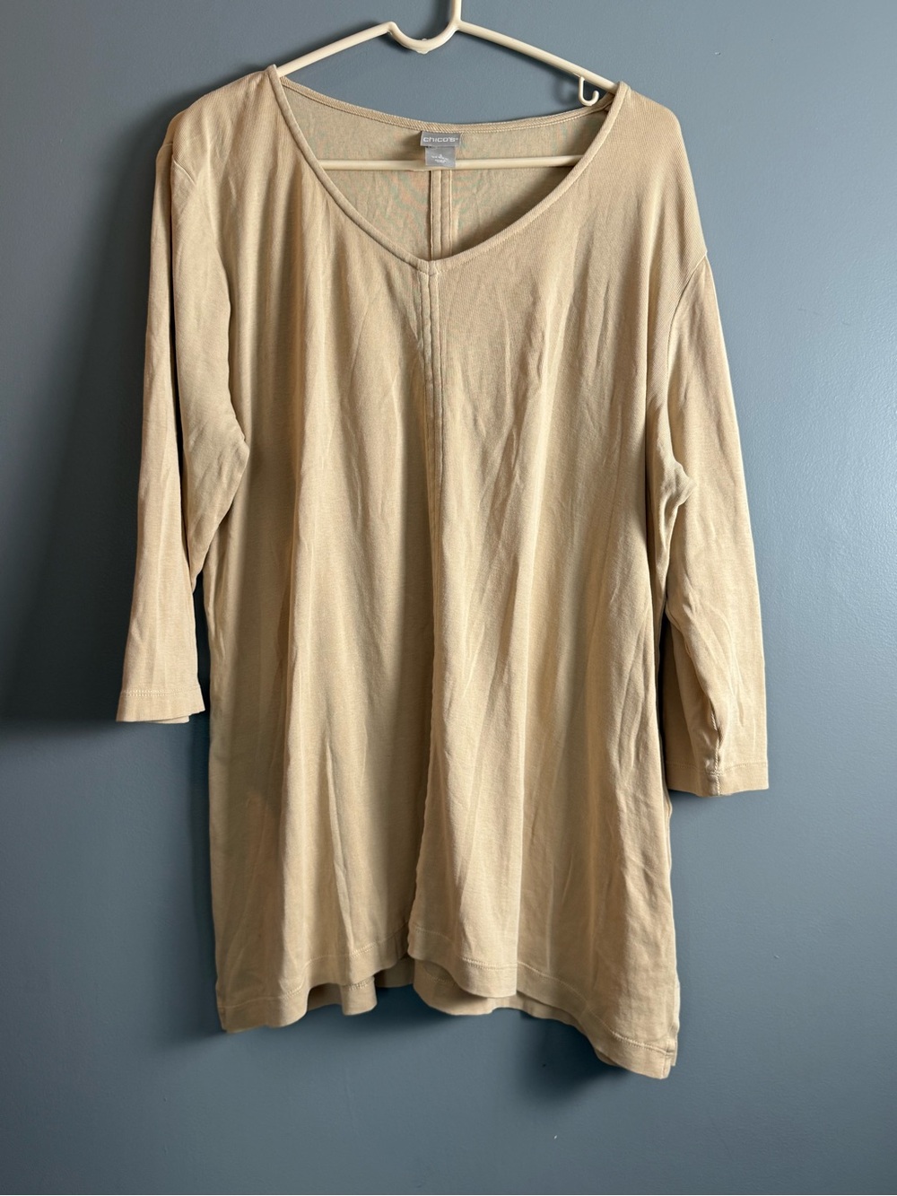 Chico's Tan 3/4 Sleeve 100% Pima Cotton V-Neck Blouse Sz 3 (25" PTP = 16/XL)